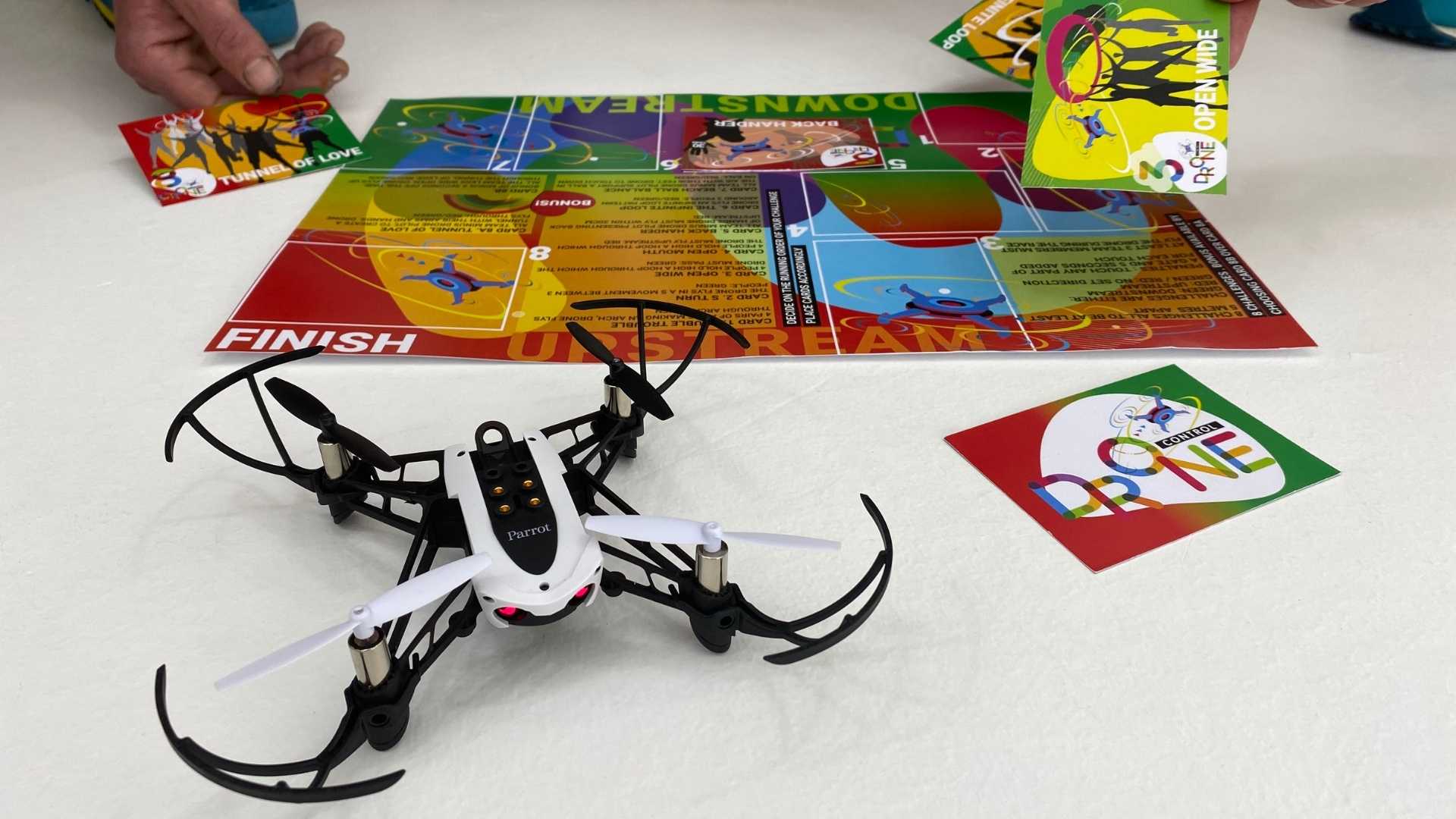 Drone and gameboard for team building program Drone control